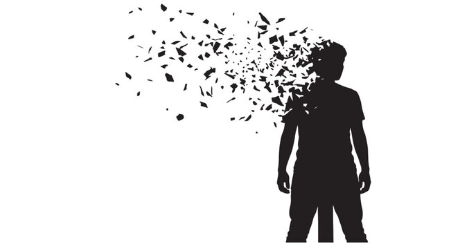 Memory Fragment Silhouette vector graphic illustration showing the black silhouette of a person whose head is disintegrating into many small shards representing mental breakdown stress loss.