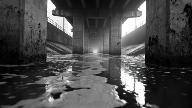 Low angle black and white shot of water under a concrete bridge with ominous atmospheric mood