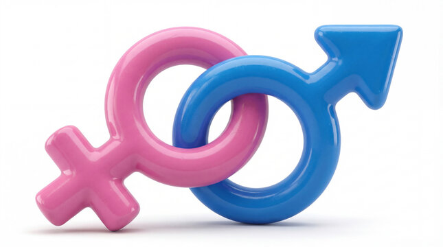 Male and female gender symbols interlocked isolated on white background pink and blue symbols