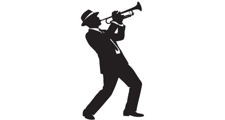 Trumpet Player Silhouette vector graphic illustration showcases a silhouetted male musician, dressed in a sharp suit and fedora, energetically playing a trumpet. © MasterTech