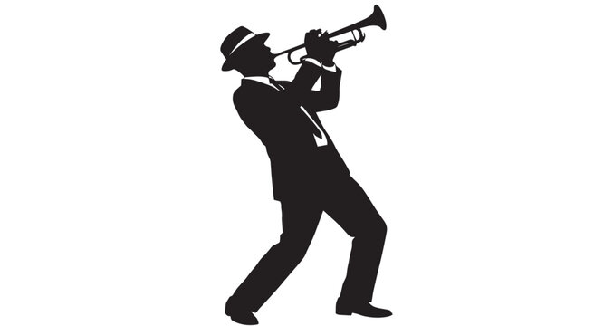 Trumpet Player Silhouette vector graphic illustration showcases a silhouetted male musician, dressed in a sharp suit and fedora, energetically playing a trumpet.