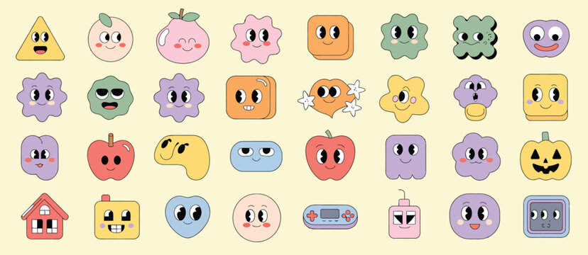 Collection of cute cartoon mascot heads, adorable character faces with playful expressions, colorful vector avatars, fun emotive designs for branding stickers logos and creative projects.