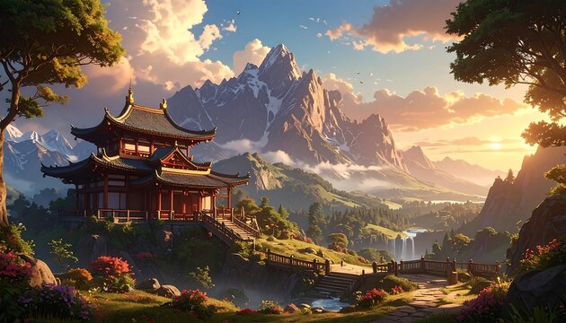 A serene Asian-style temple on a hill overlooking a valley