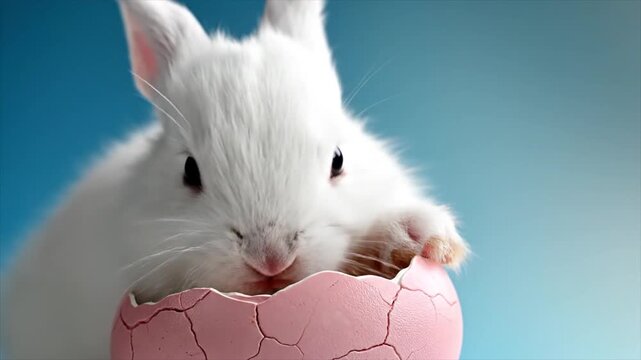 A white rabbit holding and smelling a pink cracked eggshell closely.