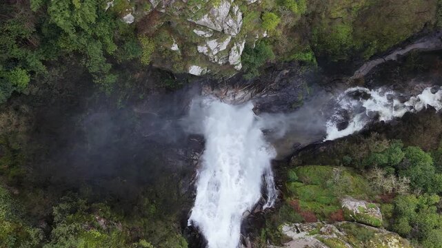 Toxa Waterfall In Quint&aacute;s, Silleda, Spain - Aerial Top Down