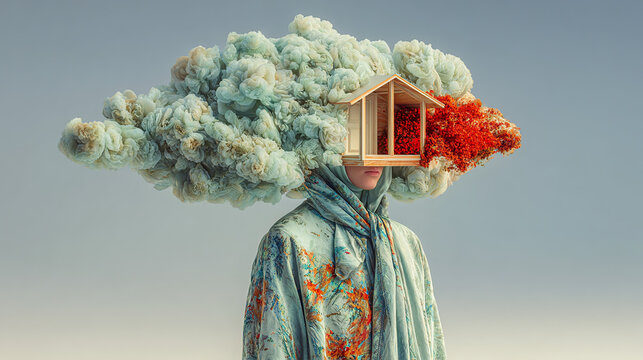 Surreal person with cloud shaped house instead of head on pastel background creative imagination and psychology concept