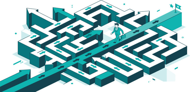 Executive finding the optimal, straightforward path through a complex business labyrinth, symbolizing smart problem-solving and efficient strategy for success
