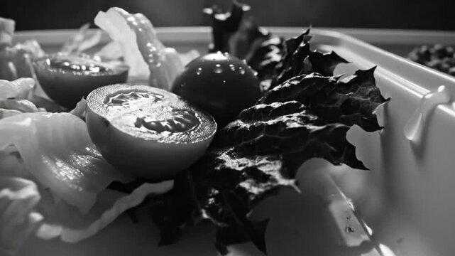 Black and White Overhead Shot of a Steaming Bento Box with Tomato, Lettuce, and Other Fresh Vegetables