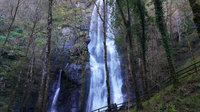 Beautiful Waterfall In O Fito, A Fonsagrada, Spain - Drone Shot