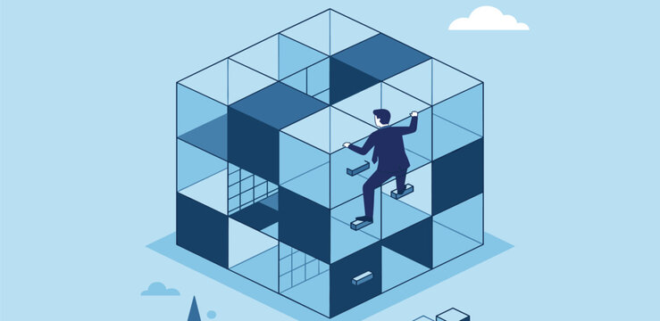 Strategic businessman diligently ascending a complex geometric cube, symbolizing determination and innovative problem-solving in a challenging corporate environment