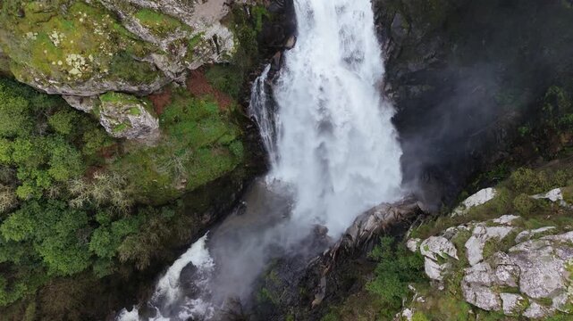 Scenic Waterfall Scene In Quint&aacute;s, Silleda, Spain - Drone Shot