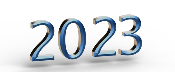 Happy New Year 2023 concept. Metallic blue 3D numbers on a white background. Perfect for holiday greetings, celebration © vegefox.com
