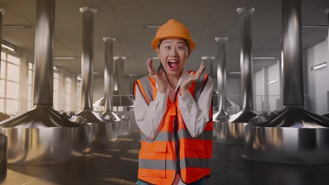 Asian Female Engineer With Safety Helmet Smiling To Camera And Saying Wow While Standing at Stainless Steel Brewing Vats in Beer Plant