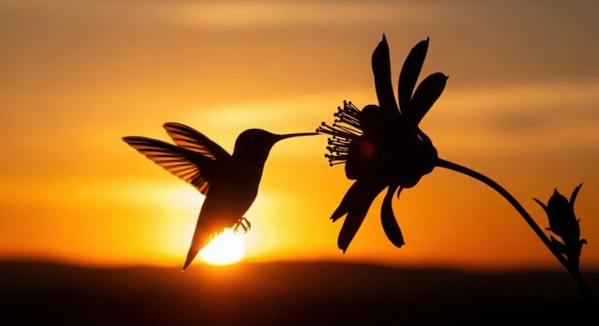 Silhouette of a Hummingbird Drinking Nectar from a Flower at Sunset