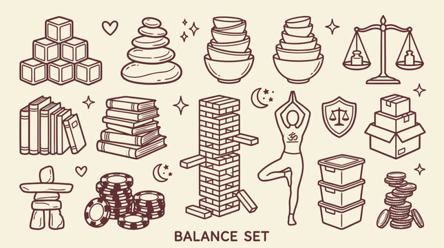 Balance Line Art Icon Set with Stacked Stones, Jenga Tower, Yoga Pose and and Scales of Justice, Vector Doodle