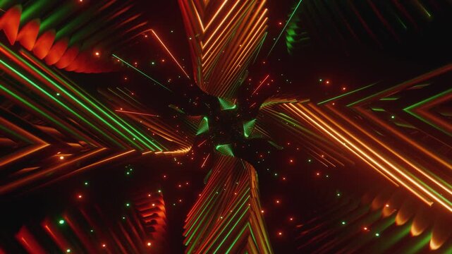 4k loop video of Dynamic rhythmic vj tunnel with interlocking angular shapes and glowing energy for VJ sets, high-tech club visuals, electronic music festivals, stage screens and for LED video walls