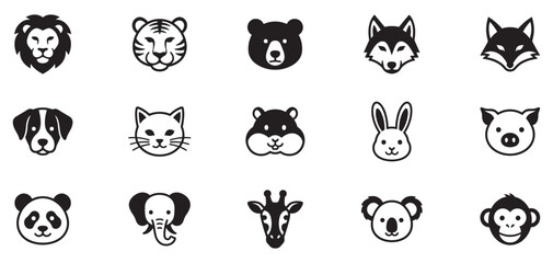 Fototapeta premium Animal faces icon set. Lion, tiger, bear, wolf, fox, dog, cat, rabbit, pig, panda, monkey, koala, elephant, giraffe and hamster faces icons. Vector Illustration. EPS 10