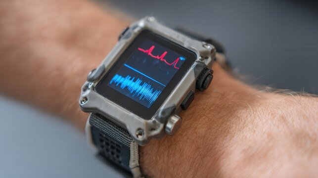 Smartwatch showing live ecg waveform on wrist during outdoor training, rugged metal case and textured strap, blue heart trace and bar graph, sensor attached to wrist, sweat on skin, focused athlete