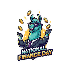Fototapeta premium Llama in sunglasses in a suit celebrating National Finance Day with coins