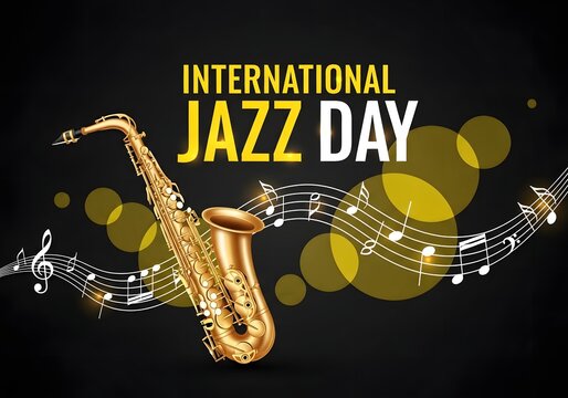 International Jazz Day celebration with a saxophone and musical notes