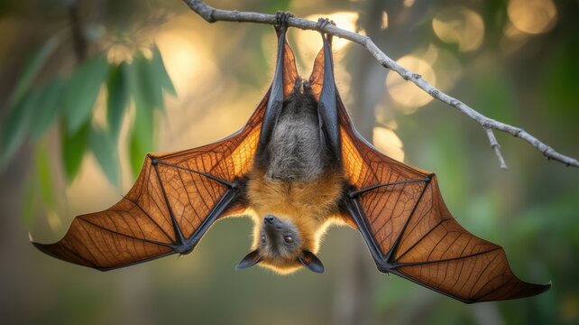 Flying fox bat hanging upside down from a tree branch with wings spread