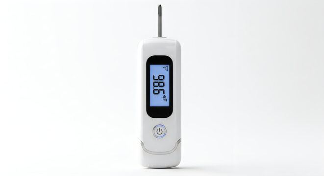 A white digital probe thermometer displaying a normal human body temperature reading of 98.6 degrees
