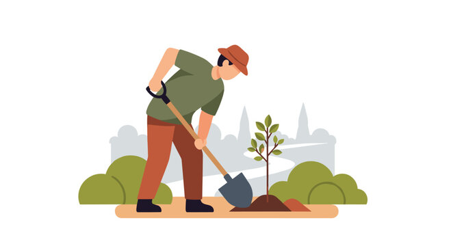 A male gardener digs a hole with a shovel next to a small sapling in an outdoor park setting.