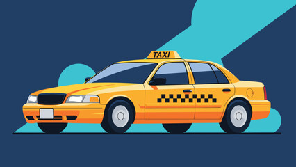Obraz premium Classic yellow New York style taxi cab illustration positioned against a dark blue background with abstract geometric shapes.