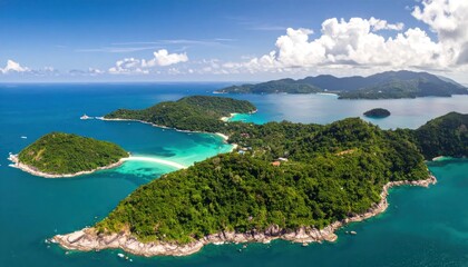 Obraz premium Stunning Aerial View of Tropical Islands with Turquoise Waters and Lush Green Vegetation.