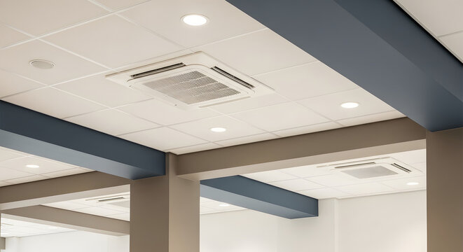 Modern Commercial Office Ceiling with Cassette Air Conditioning Unit and Recessed Lighting for HVAC and Interior Design Concepts