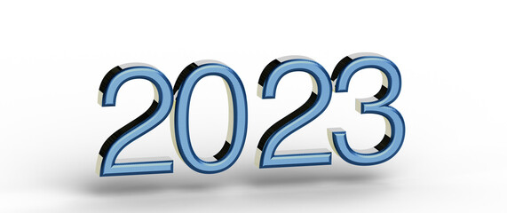 2023 New Year's eve celebration. Blue 3D rendered text over a white background, perfect for greetings and holiday projec © vegefox.com