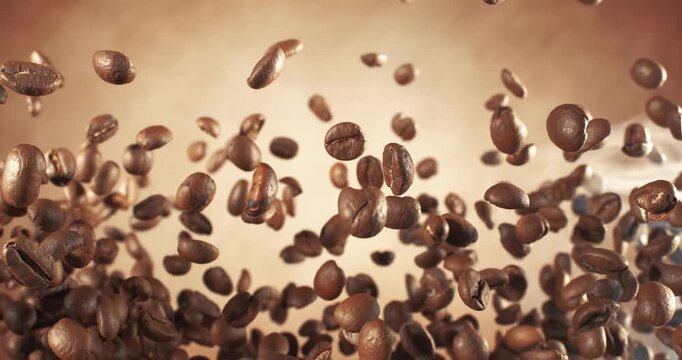 Fragrant coffee beans soar in the frame. Coffee beans shot on super slow motion camera 1000 fps.