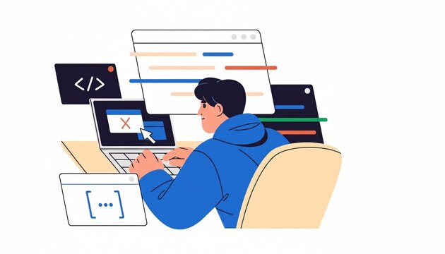 A man in a blue hoodie works on his laptop surrounded by coding screens and symbols.