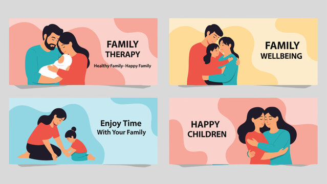 Collection of four horizontal banner designs for family therapy and wellbeing services with heartwarming family illustrations.