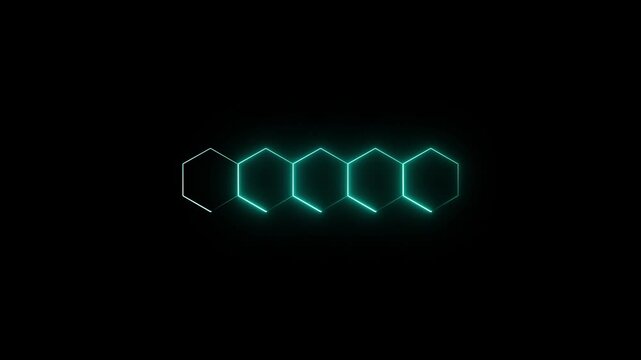 Futuristic neon-lit hexagonal pattern animation on black background for technology and digital themes