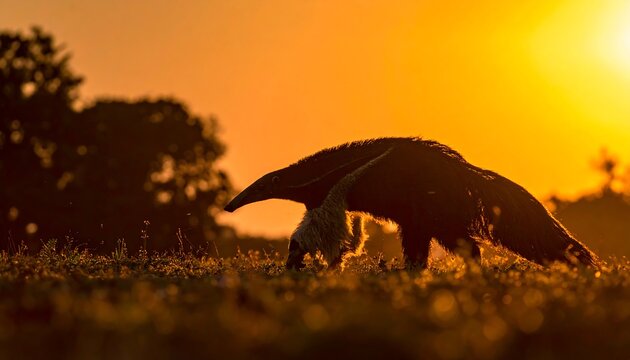 Silhouette of an anteater foraging at sunset in a grassy field