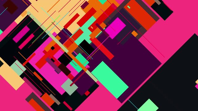 黒い背景に斜めに交差する色鮮やかな幾何学的形状とライン。モダンでダイナミックなデジタルテクノロジー抽象背景アニメーション
