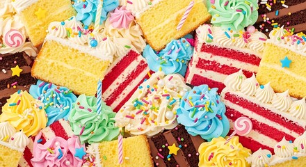 Fototapeta premium Colorful Assortment of Delicious Cake Slices and Cupcakes with Frosting and Sprinkles.