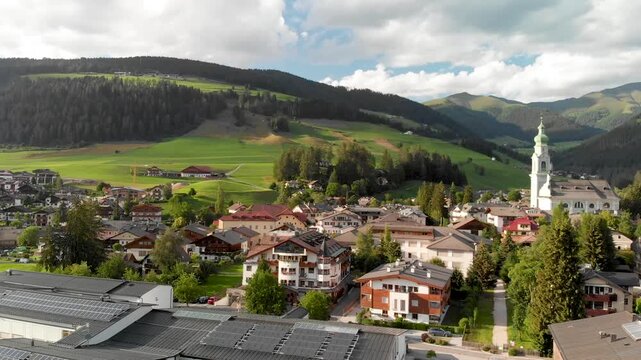 Panoramic view of Dobbiaco town and valley, italian dolomites