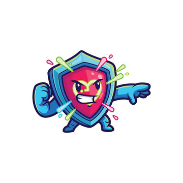 Hero Shield Character with Energetic Pose and Neon Accents