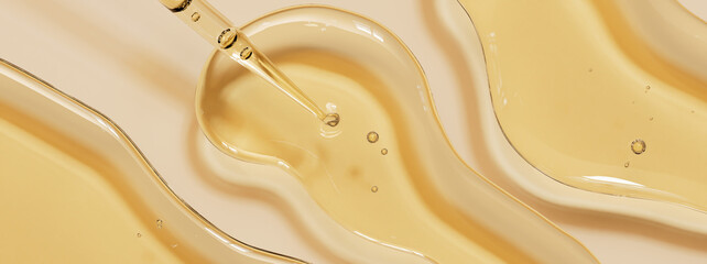 Transparent cosmetic liquid gel drop from dropper on beige background 3d rendering suitable for skin care serum moisturizer anti aging essence