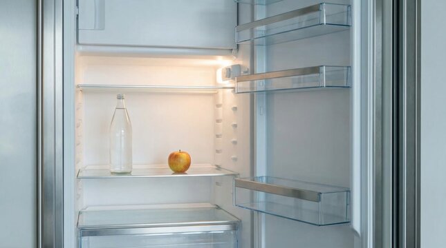 Almost empty refrigerator with single apple and bottle