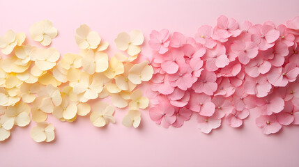 Obraz premium Delicate pink and yellow hydrangea flowers arranged beautifully on a soft pastel background for spring celebrations.