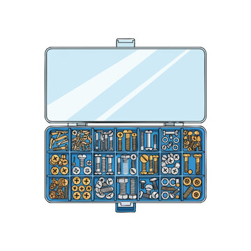 Open blue organizer with multiple compartments filled with various screws, bolts, and washers