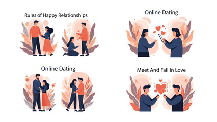 Fototapeta premium Set of four romantic banner designs for online dating and relationship advice featuring couples in various loving poses.