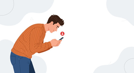 Fototapeta premium Young man engrossed in smartphone, notification alert, modern lifestyle, casual wear