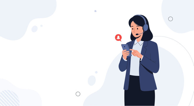 Customer service operator with headset using smartphone, notification icon, modern abstract background
