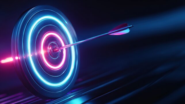 A futuristic neon target with a precise arrow, representing precision and hitting a goal. ..Created with Generative AI, not depicting real subjects.
