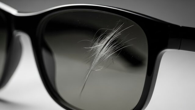 Close-up of cracked sunglasses lens with radiating fracture lines