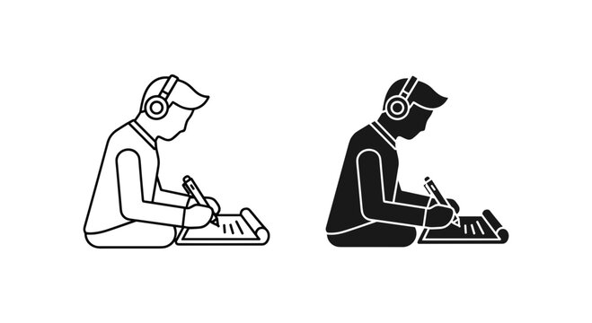 Minimalist student writing icon set, boy with headphones studying and taking notes vector, black and white education line art and silhouette